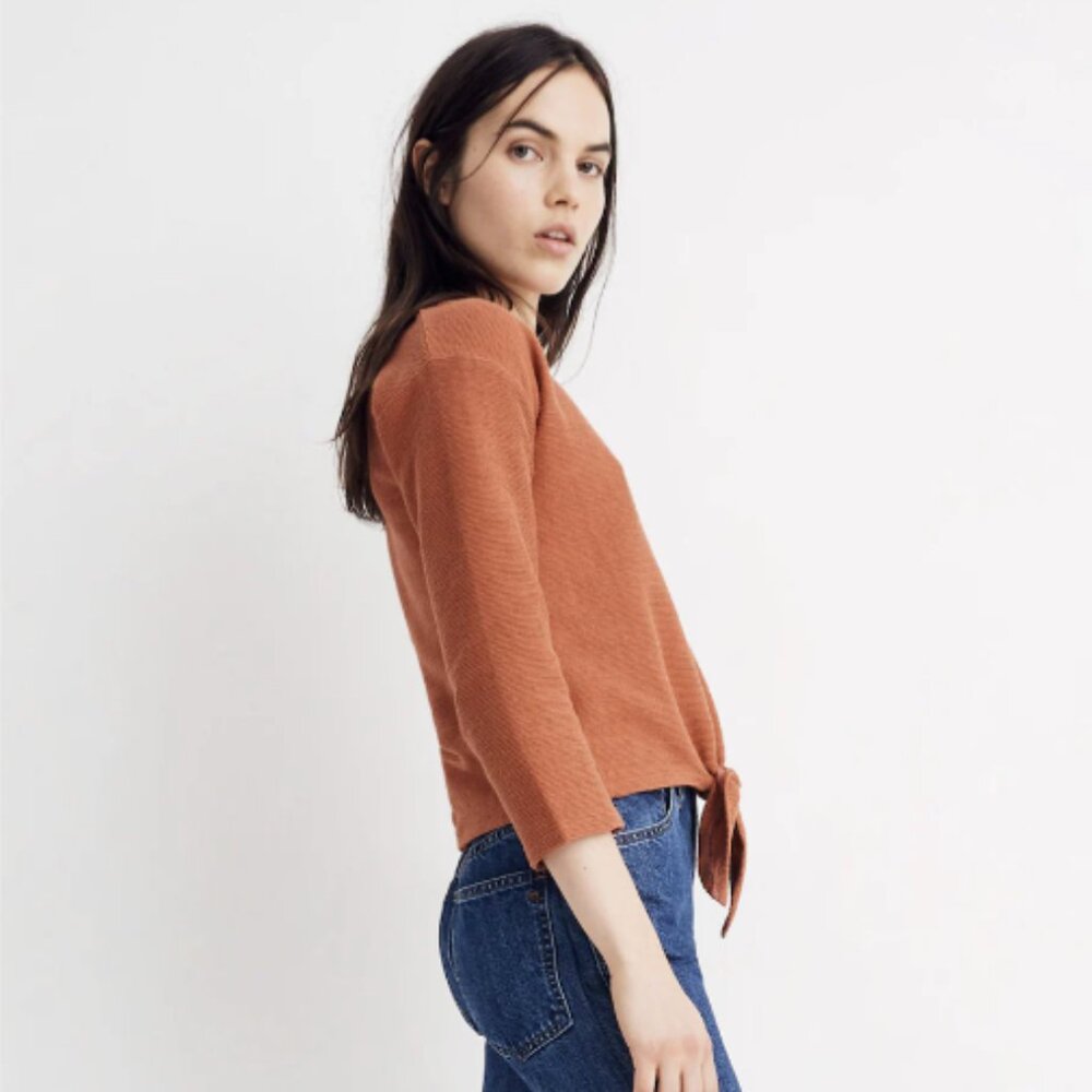 Madewell Texture & Thread Long-Sleeve Tie-Front Top Women's S Orange 3/4 sleeve - Picture 2 of 6